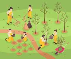 Bezpłatny wektor nastolatki pracują w parku podlewania drzew i sadzonki izometrycznej ilustracji wektorowych