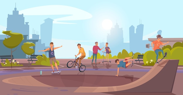 Nastolatkowie bawią się na łonie natury zajęcia sportowe w parku miejskim Chłopcy jeżdżą na rowerach, hulajnogach i deskorolkach na torze rollerdrom
