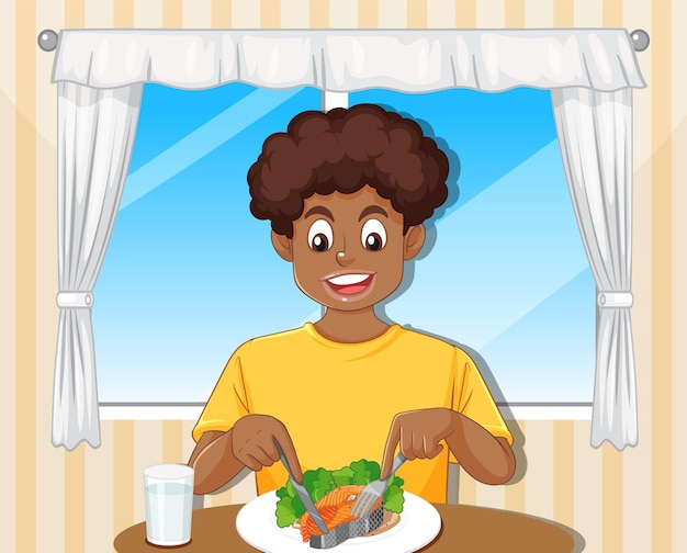 Bezpłatny wektor nastoletni chłopak ma posiłek na stole