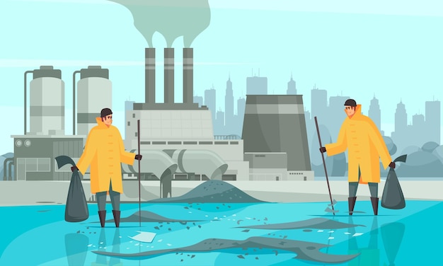 Bezpłatny wektor natura zanieczyszczenia wody skład z ludzkimi postaciami pejzaż miejski i budynki fabryczne ilustracja z brudną powierzchnią wody