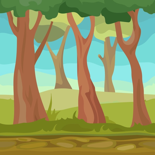 Bezpłatny wektor naturalny bezszwowy las dla gry lub aplikacji szablon projektowania kreskówek ilustracja wektorowa krajobraz drzew