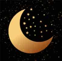 Bezpłatny wektor naturalny złoty półksiężyc księżyc i gwiazdy ciemne tło