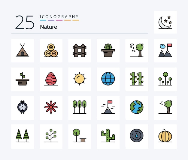 Bezpłatny wektor nature 25 line filled pakiet ikon, w tym biznesowy kaktus altany kwiatowej