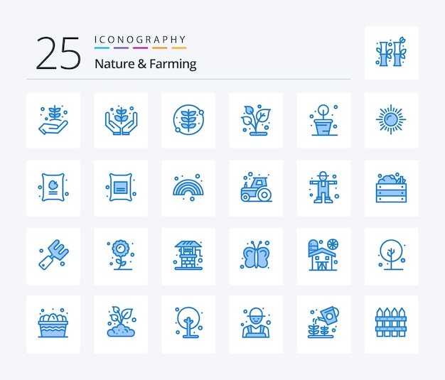 Nature And Farming 25 Pakiet ikon w kolorze niebieskim, w tym krajobraz słońca roślin uprawnych jabłoni