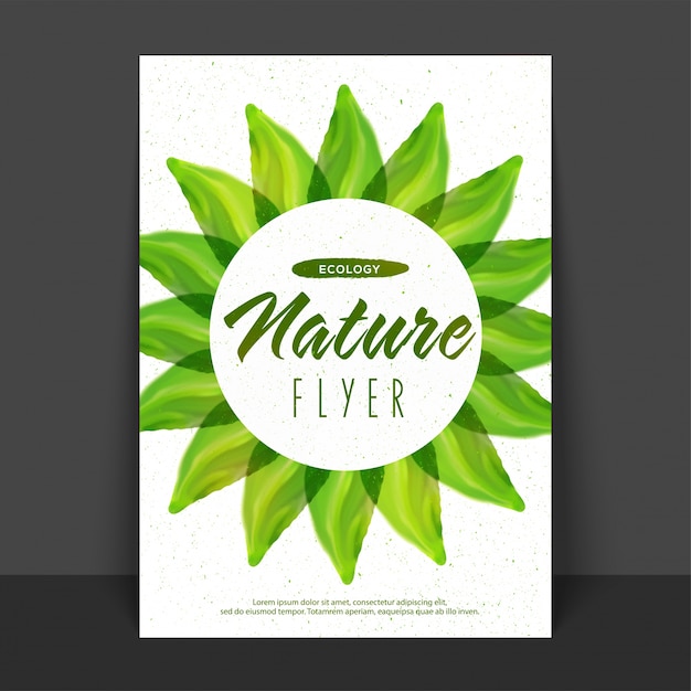 Bezpłatny wektor nature flyer, szablon lub baner z liśćmi błyszczący zielony dla pojęcia ekologii.