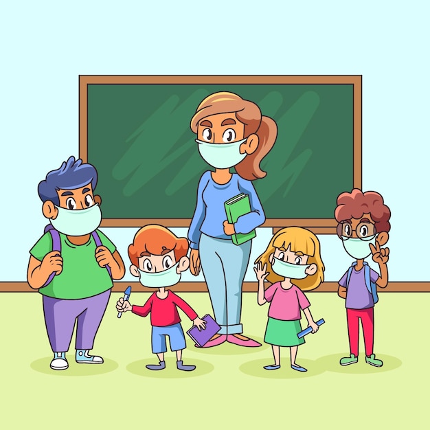 Nauczyciel I Uczniowie Noszący Maskę W Klasie