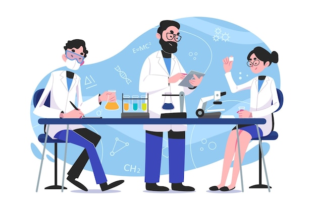 Bezpłatny wektor nauka koncepcja naukowiec w laboratorium eksperyment badania biologia chemia fizyka wiedza