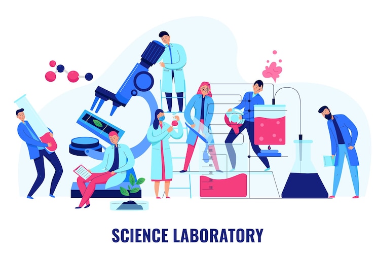 Bezpłatny plik Wektor naukowcy dokonujący eksperymentów biologicznych i chemicznych w płaskiej ilustracji w laboratorium naukowym