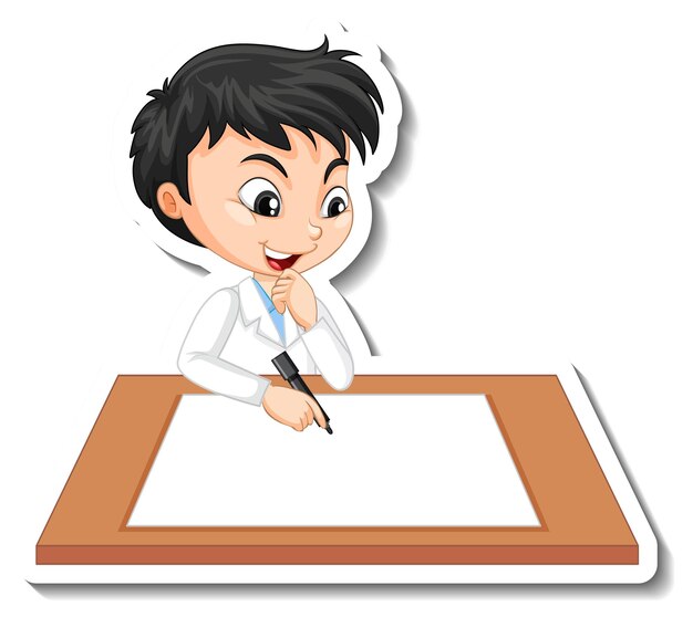Naukowiec chłopiec postać z kreskówki z pustym stołem