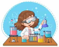Bezpłatny wektor naukowiec dziewczyna postać z kreskówki ze sprzętem laboratoryjnym