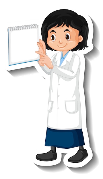 Bezpłatny wektor naukowiec dziewczyna trzyma pustą tablicę naklejkę z postacią z kreskówek