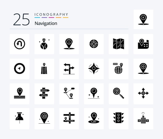 Nawigacja 25 Pakiet ikon Solid Glyph, w tym nawigacja po mapie lokalizacji, nawigacja gps