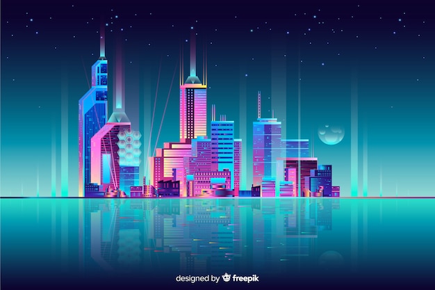 Bezpłatny wektor neon cityscape tło