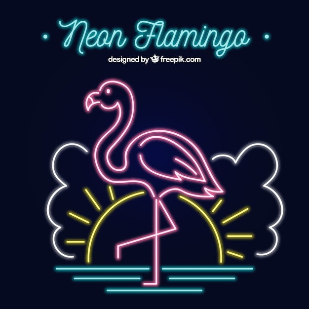 Bezpłatny wektor neon flamingo z elementami plaży