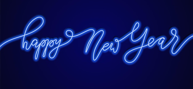 Neon napis szczęśliwego nowego roku. szablon karty z pozdrowieniami świątecznymi lub transparentu z oświetleniem ręcznie rysowane znak. szczęśliwy 2022 rok clipart. ilustracja wektorowa