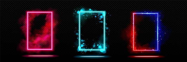 Bezpłatny wektor neonowe światła drzwi ustawione izolowane na przezroczystym tle wektor realistyczna ilustracja czerwonego turkusowego niebieskiego prostokątnego ramki portali z dymem błyszczącymi efektami świetlnymi magiczna brama cyber teleport