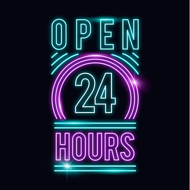 Bezpłatny wektor neonowy znak „otwarte 24 godziny”