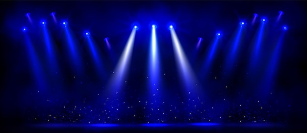 Bezpłatny wektor niebieskie oświetlenie reflektorów na scenie wektorowa realistyczna ilustracja jasnych lamp świecących błyszczących cząstek błyszczących na podłodze i w powietrzu podczas występu teatralnego koncert muzyczny pokaz cyrkowy