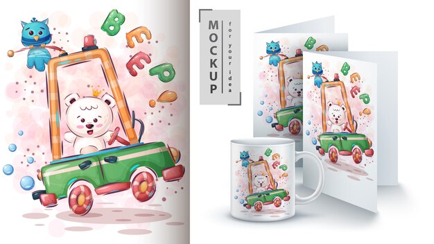 Niedźwiedź polarny na plakacie samochodowym i merchandising