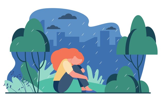 Nieszczęśliwa dziewczyna w deszczu. Smutna kobieta siedzi w deszczowym parku na zewnątrz płaski wektor ilustracja. Depresja, stres, samotność