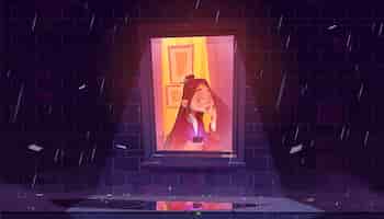 Bezpłatny wektor nieszczęśliwa samotna dziewczyna ze smartfonem przy oknie w domu w deszczową noc.