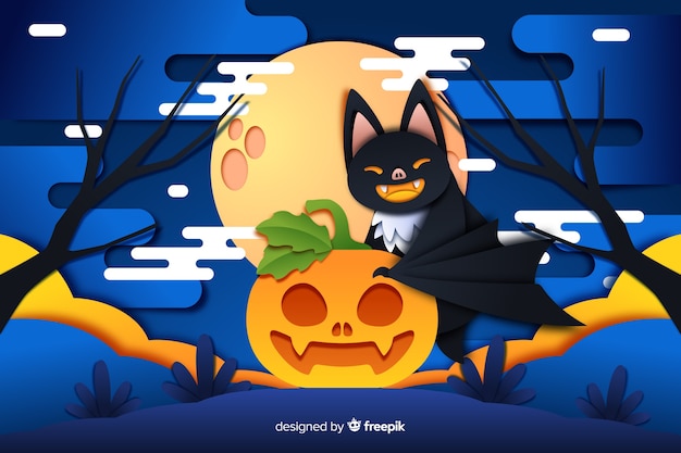 Bezpłatny wektor nietoperza kot i dyniowy halloween tło