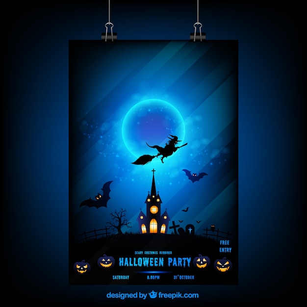 Bezpłatny wektor noc halloween plakat z czarownicą i nawiedzonym domu