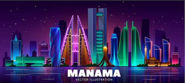 Nocna panorama Manamy (Bahrajn). Ilustracja wektorowa. Koncepcja podróży biznesowych i turystyki z nowoczesnymi budynkami. Obraz na baner lub stronę internetową.