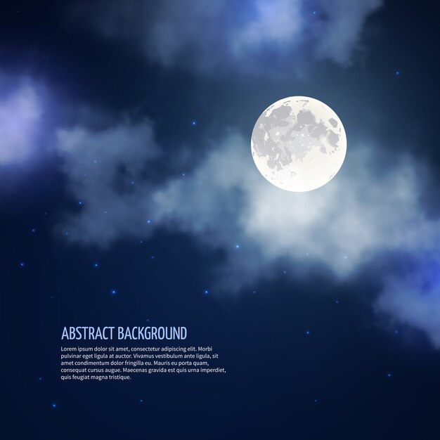 Nocne niebo z księżycem i chmurami streszczenie tło. Romantyczny jasny charakter, światło księżyca i galaktyki, ilustracji wektorowych