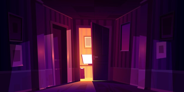 Nocny korytarz domowy z lekko uchylonymi drzwiami do pokoju z komputerem i światłem padającym na drewnianą podłogę.