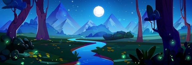 Bezpłatny wektor nocny krajobraz górskiego rzeki wektorowa ilustracja kreskówki niebieskiego strumienia wody płynącego w ciemności między starymi drzewami neonowe świetliki świecące w trawie i letnie kwiaty pełnia księżyca na gwiezdnym niebie