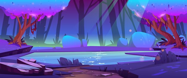 Nocny krajobraz lasu z tajnym stawem i neonowymi świecącymi drzewami Fantasy natura kreskówka tło ze spokojnym jeziorem z odbiciem światła księżyca na powierzchni Dzikie piękne krajobrazy drewna ilustracji wektorowych