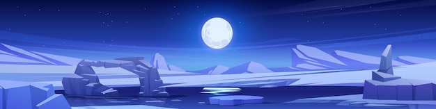 Bezpłatny wektor nocny krajobraz wektora bieguna północnego z pełnią księżyca na niebie kreskówka ciemna arktyczna ilustracja z zamarzniętą wodą i lodowym łukiem zamrożone jezioro i zaśnieżone wzgórze zewnętrzne środowisko antarktydy dla banera internetowego