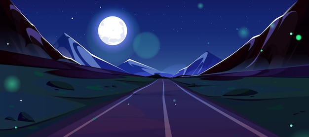 Bezpłatny wektor nocny krajobraz z kreskówek drogowych i górskich ciemnoniebieskie niebo i księżyc w pełni pod prostą drogą do horyzontu pusta letnia scena ścieżki podróży z alpejskimi robakami świętojańskimi autostrada asfaltowa i panoramiczny widok na góry