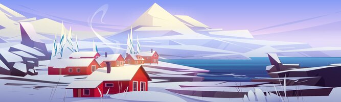 Bezpłatny wektor nordycki krajobraz z wioską białych gór i brzegiem jeziora lub morza wektor ilustracja kreskówka skandynawskiej sceny przyrody ze śniegiem skały jodły i czerwone domy z dymem z komina