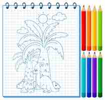 Bezpłatny wektor notatnik z rysunkiem doodle szkicu i kolorowymi kredkami
