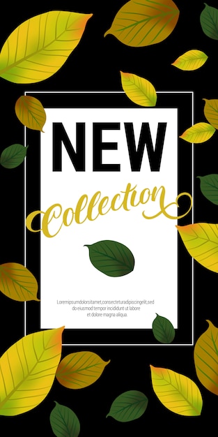 Bezpłatny wektor nowa kolekcja napis z zielonymi liśćmi. jesienna oferta lub reklama sprzedażowa