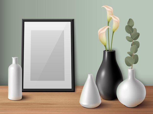 Nowoczesna aranżacja wnętrz z ceramicznymi wazonami porcelanowymi i pustą ramką na zdjęcia realistyczną ilustracją wektorową