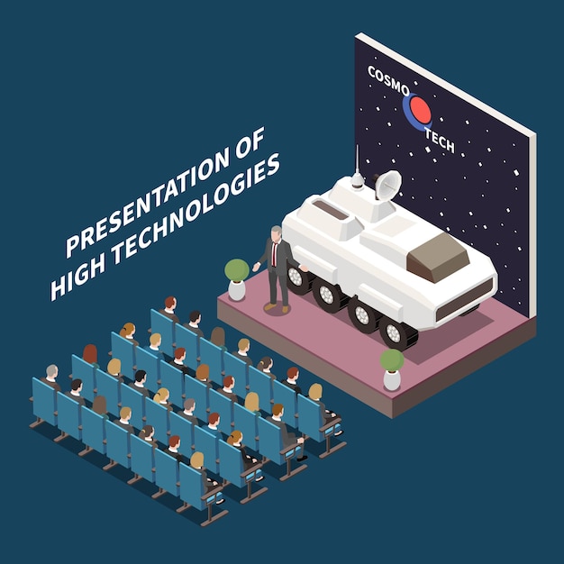 Bezpłatny wektor nowoczesna sala konferencyjna prezentacja wysokiej technologii skład izometryczny z autonomicznym łazikiem do eksploracji marsa na podium