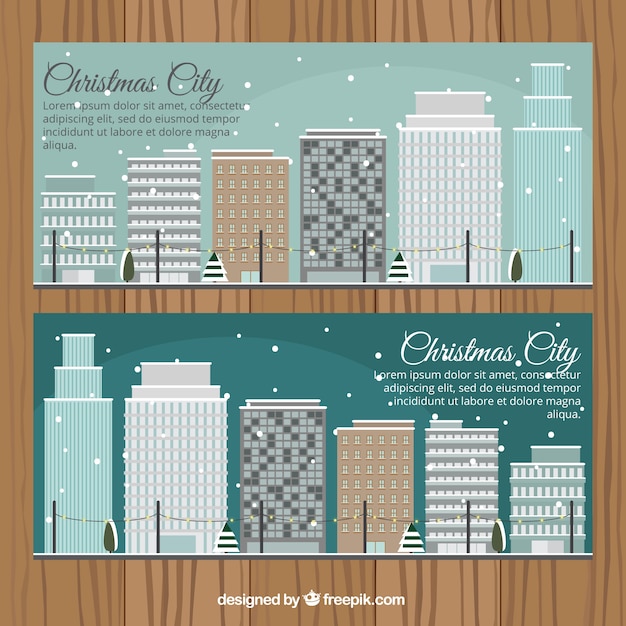 Nowoczesne banery miasta z wieżowców w zimie
