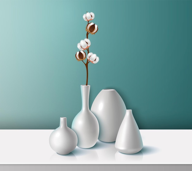 Bezpłatny wektor nowoczesne ceramiczne wazony porcelanowe z gałązką bawełny do projektowania wnętrz realistycznych ilustracji wektorowych