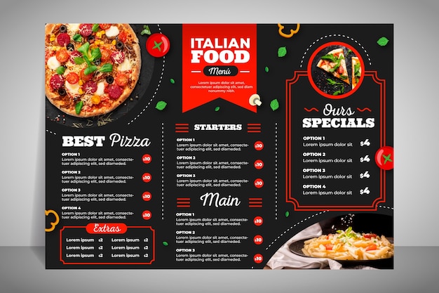 Bezpłatny wektor nowoczesne menu restauracji na pizzę