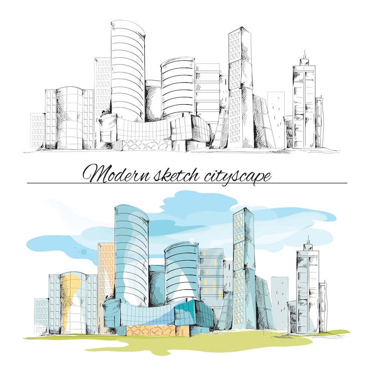 Bezpłatny plik Wektor nowoczesne szkic miejskich budynku ręcznie rysowane cityscape zestaw ilustracji wektorowych