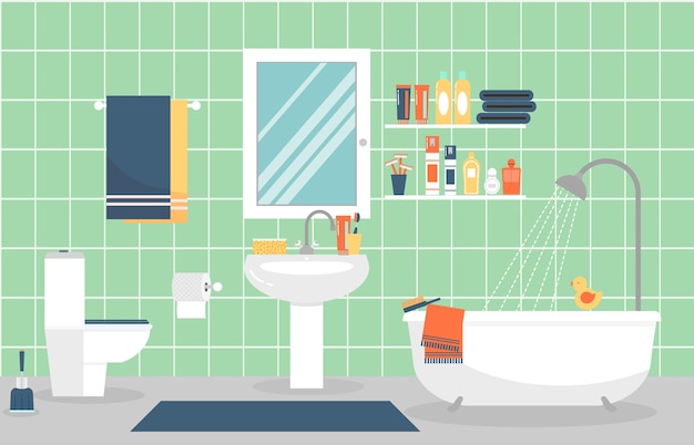 Nowoczesne wnętrze łazienki z meblami w stylu płaski. Zaprojektuj nowoczesną łazienkę, pastę do zębów i szczoteczkę do zębów, maszynkę do golenia i balsam.