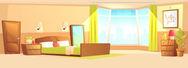 Bezpłatny wektor nowoczesne wnętrze sypialni z łóżkiem, szafką nocną, szafą i oknem i rośliną.