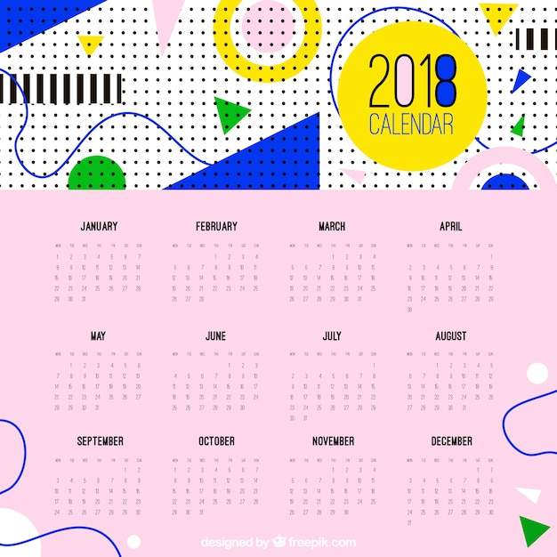Bezpłatny wektor nowoczesny kalendarz 2018 w stylu memphis