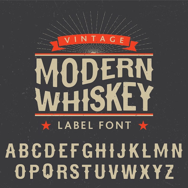 Nowoczesny plakat z czcionką etykiety whisky z dekoracją i gwiazdami na czarnej ilustracji