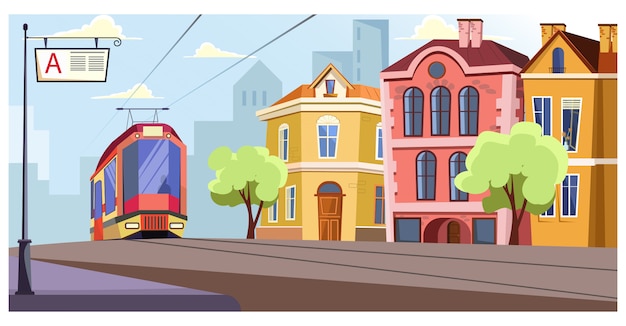 Nowożytny tramwajowy bieg na poręczach w miasto ilustraci