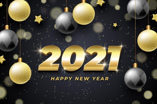Nowy rok 2021 tło z realistyczną złotą dekoracją