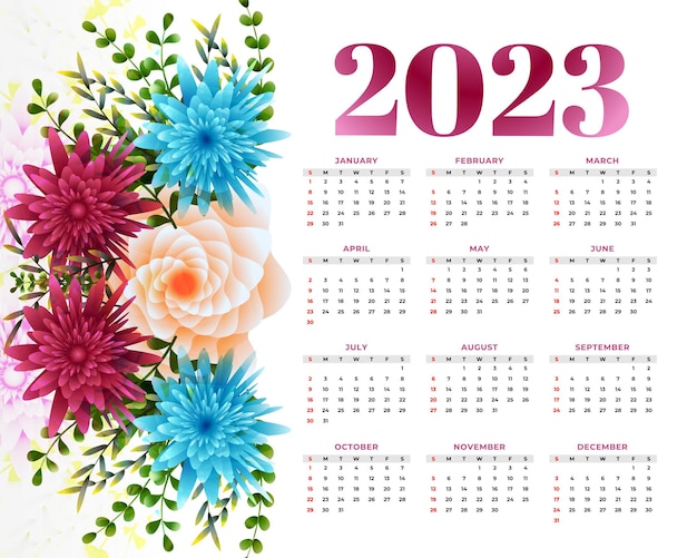 Bezpłatny wektor nowy rok 2023 kalendarz z dekoracją kwiatową